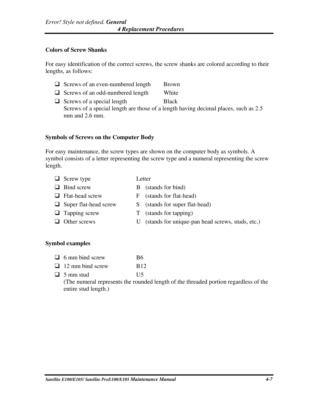 Toshiba SATELLITE E105 manual Colors of Screw Shanks, Symbols of Screws on the Computer Body, Symbol examples 