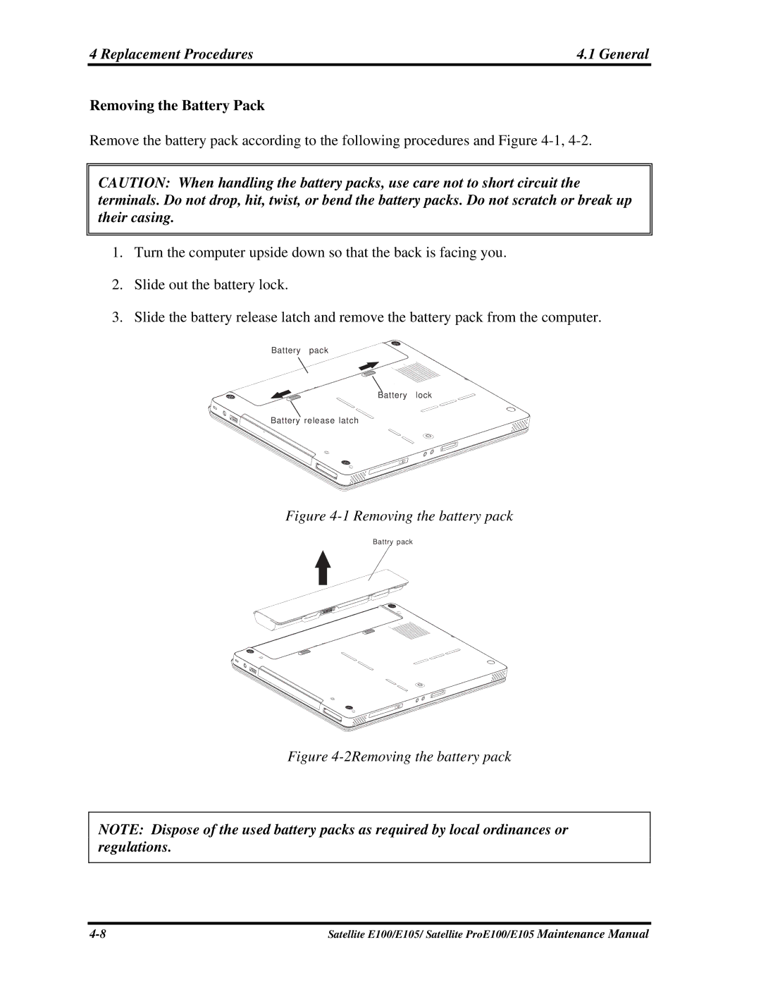 Toshiba SATELLITE E105 manual Removing the Battery Pack, Removing the battery pack 