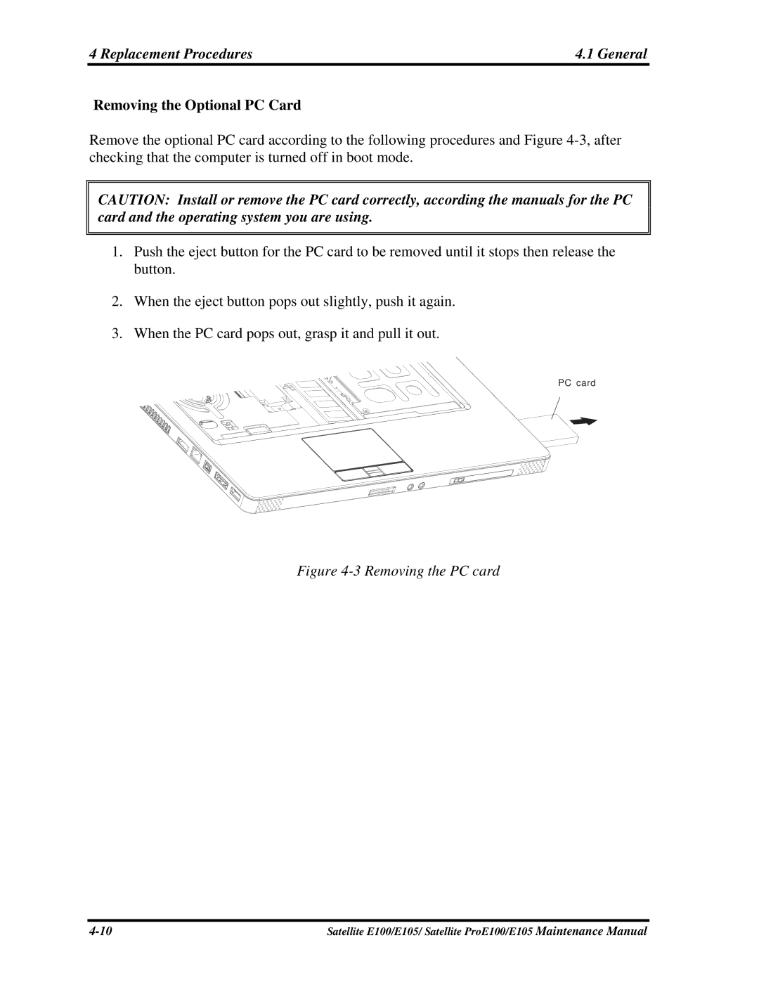 Toshiba SATELLITE E105 manual Removing the Optional PC Card, Removing the PC card 