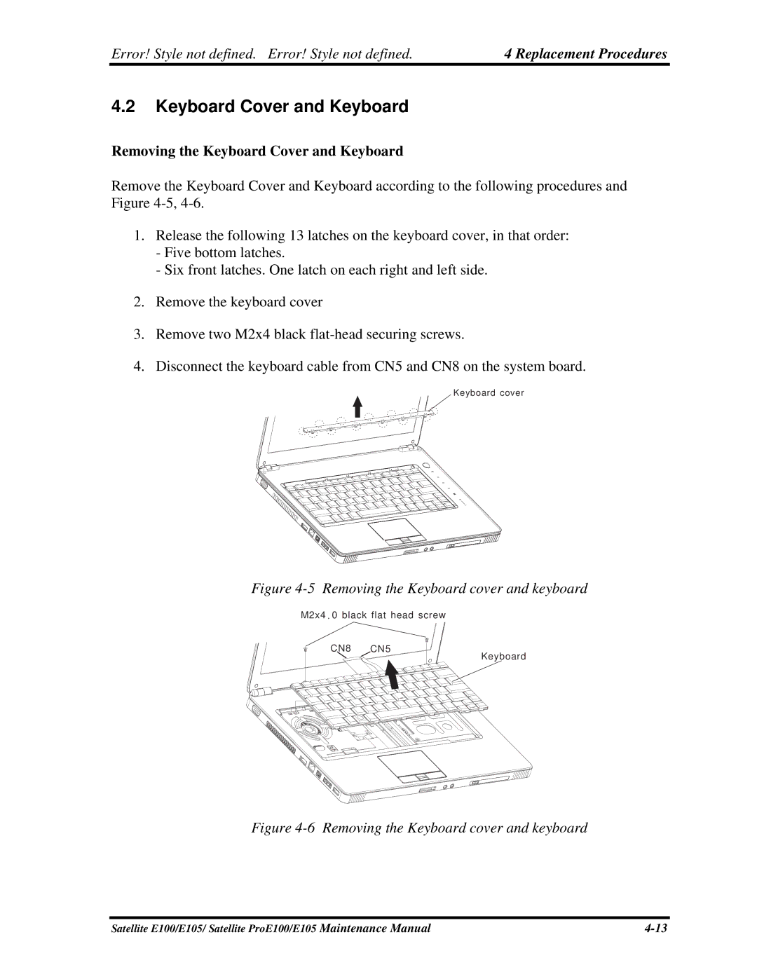 Toshiba SATELLITE E105 manual Removing the Keyboard Cover and Keyboard 