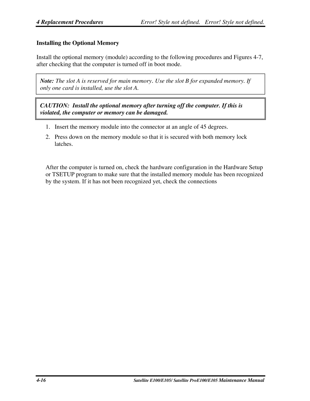 Toshiba SATELLITE E105 manual Installing the Optional Memory 