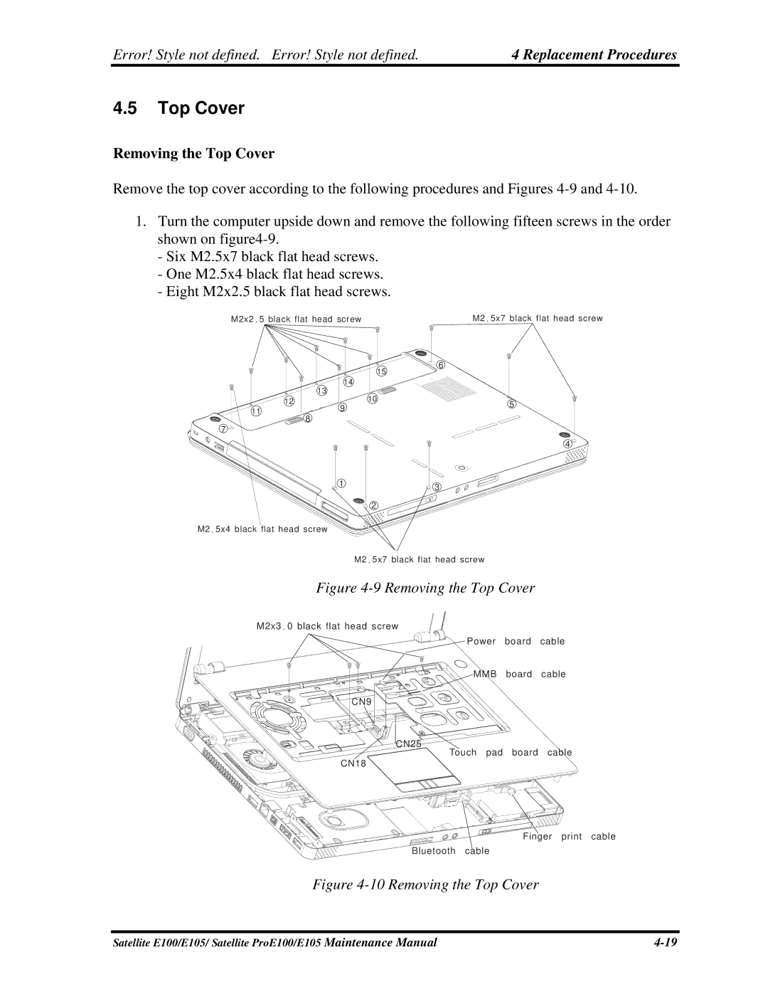 Toshiba SATELLITE E105 manual Removing the Top Cover 