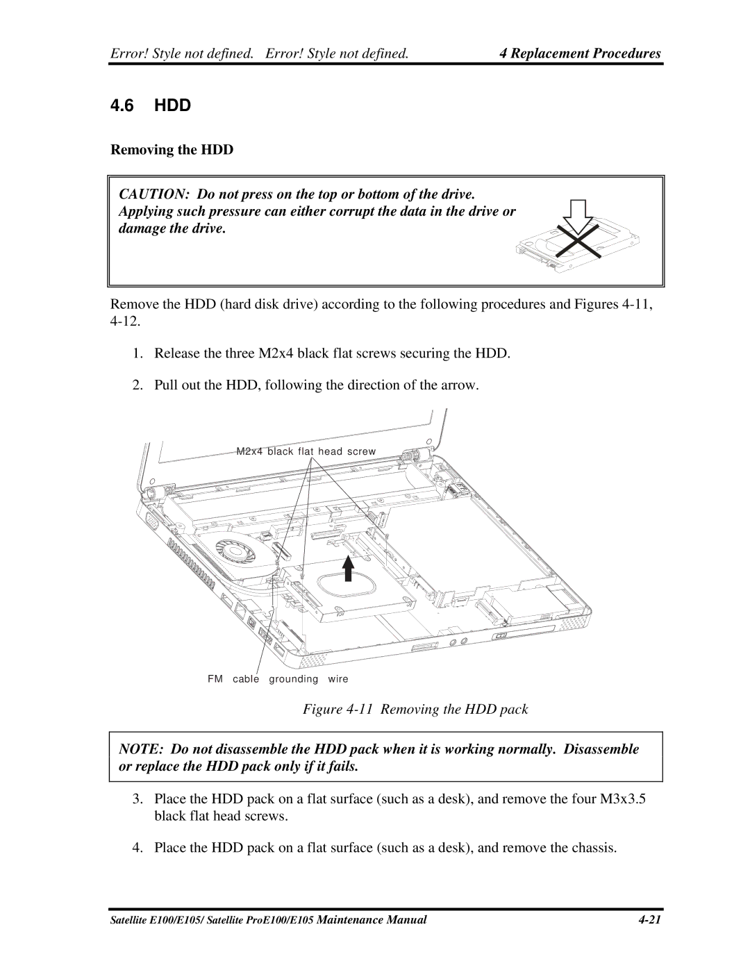 Toshiba SATELLITE E105 manual Removing the HDD pack 