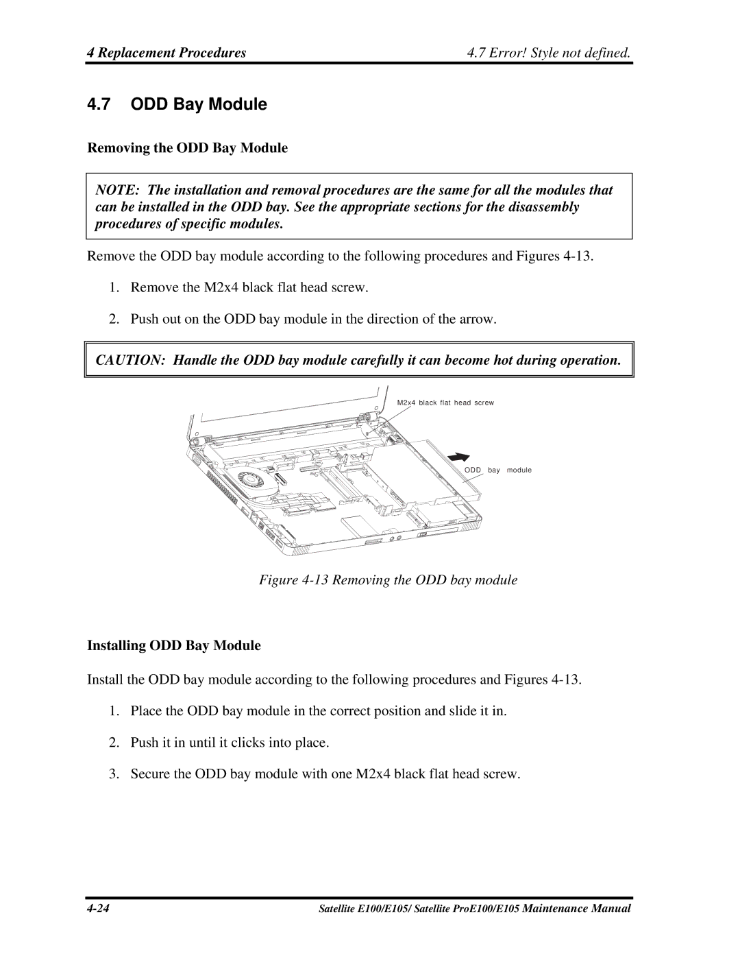 Toshiba SATELLITE E105 manual Removing the ODD Bay Module, Installing ODD Bay Module 