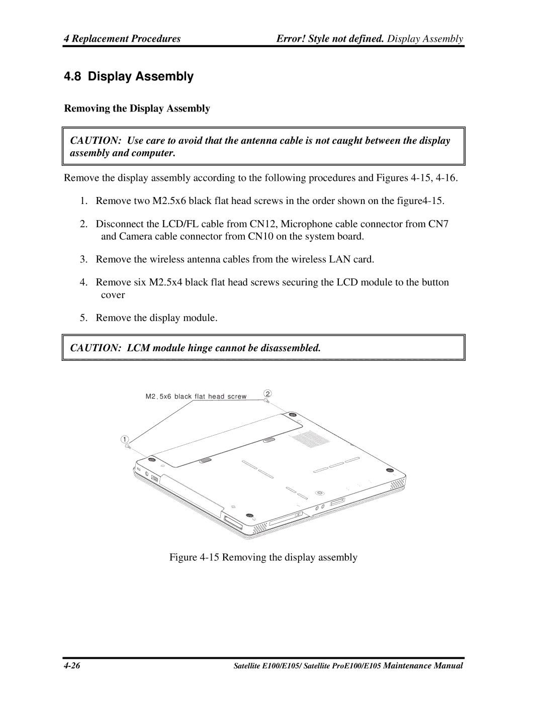 Toshiba SATELLITE E105 manual Removing the Display Assembly 