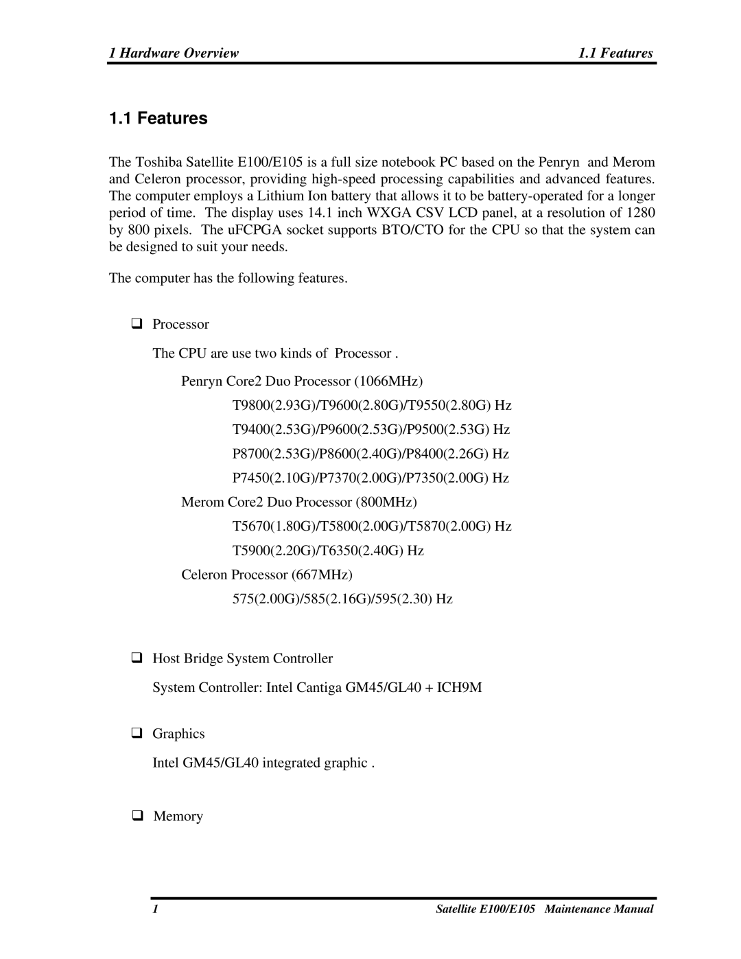 Toshiba SATELLITE E105 manual Hardware Overview Features 