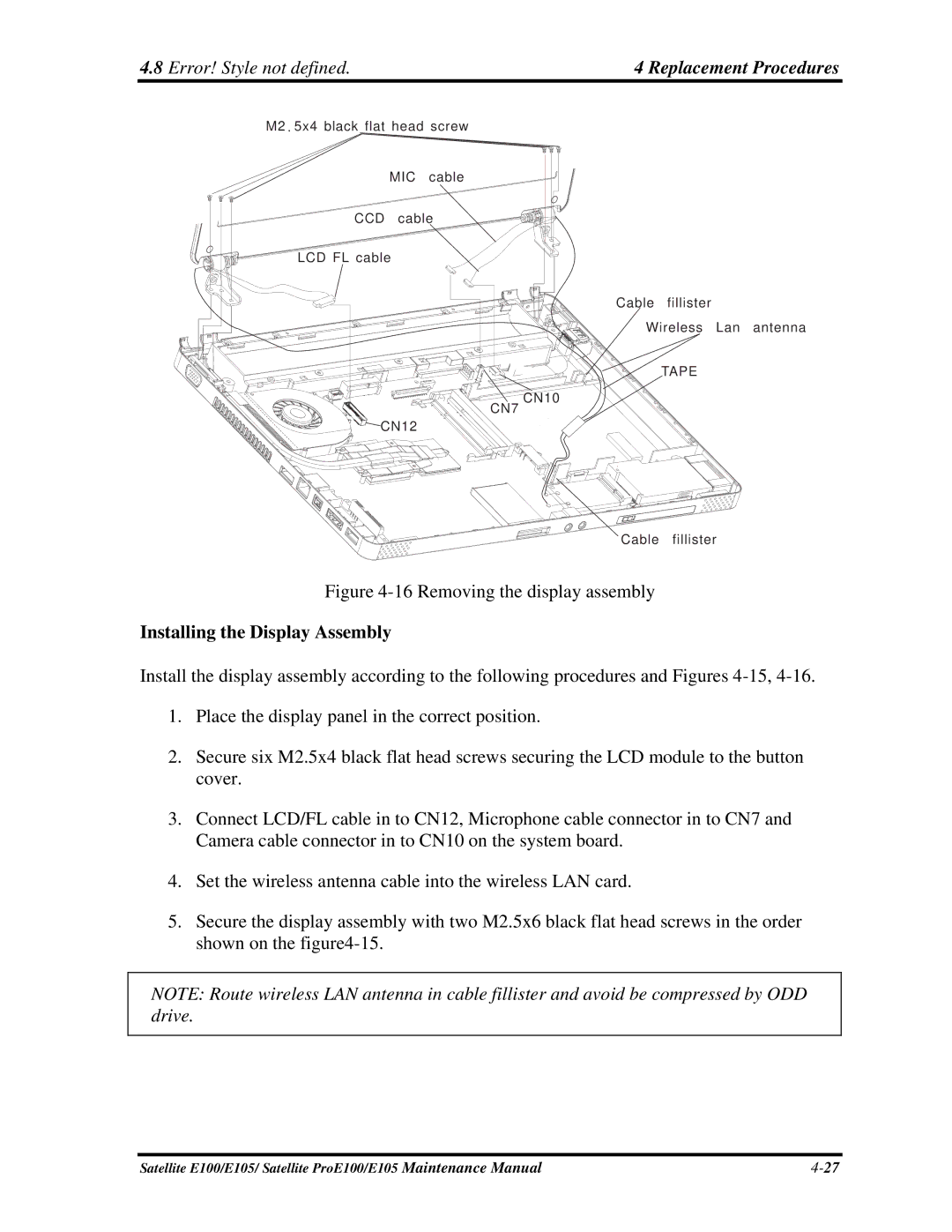 Toshiba SATELLITE E105 manual Error! Style not defined Replacement Procedures, Installing the Display Assembly 