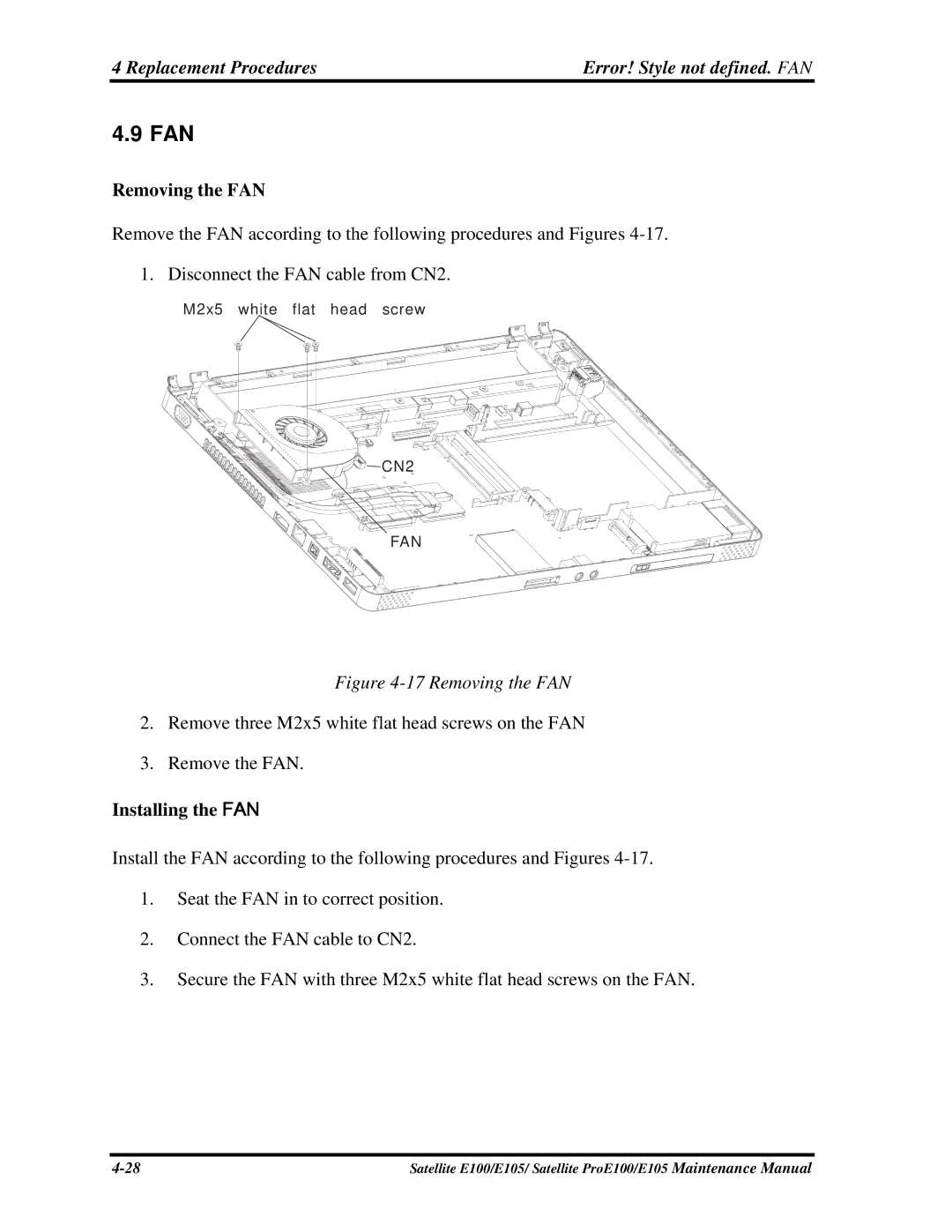 Toshiba SATELLITE E105 Fan, Replacement Procedures Error! Style not defined. FAN, Removing the FAN, Installing the FAN 