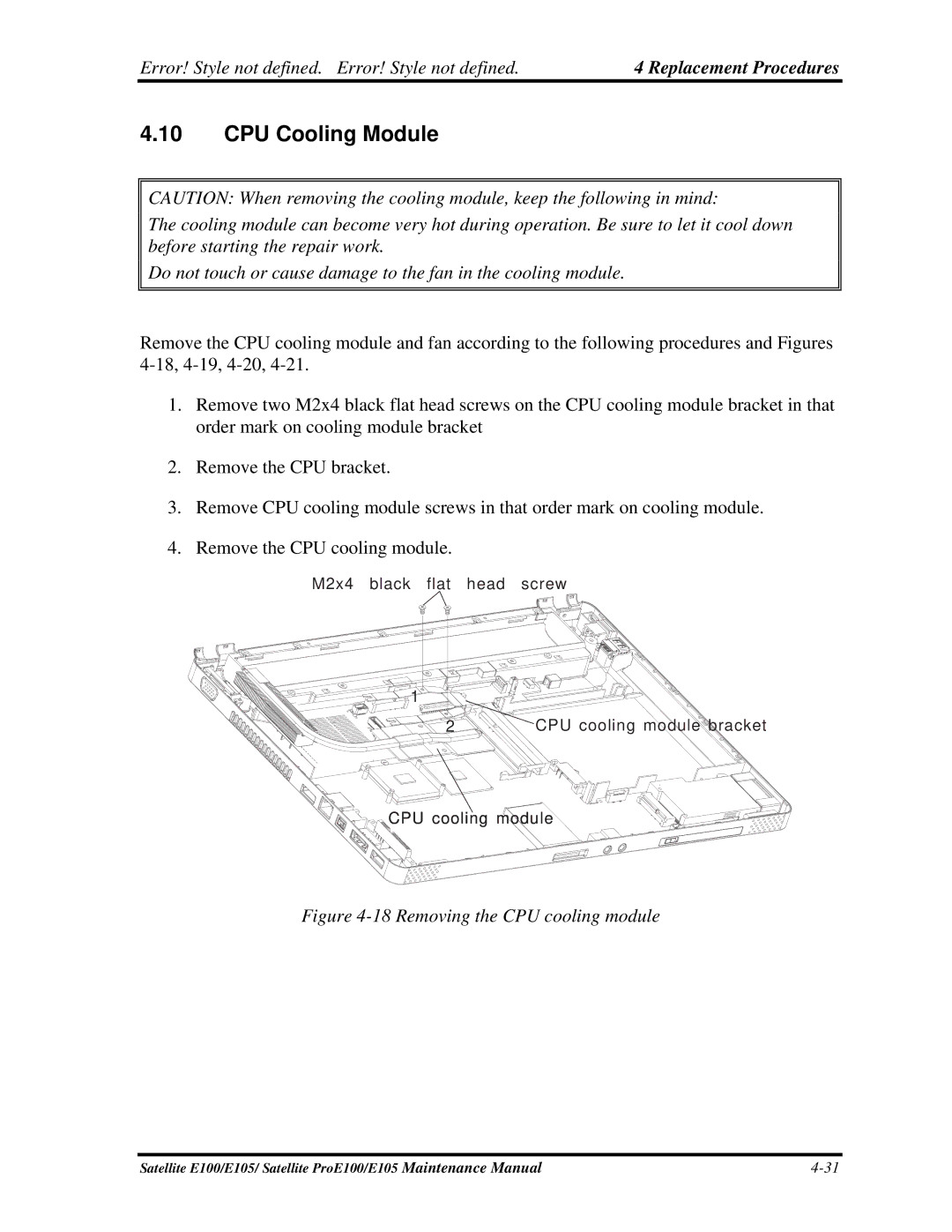 Toshiba SATELLITE E105 manual CPU Cooling Module, Removing the CPU cooling module 