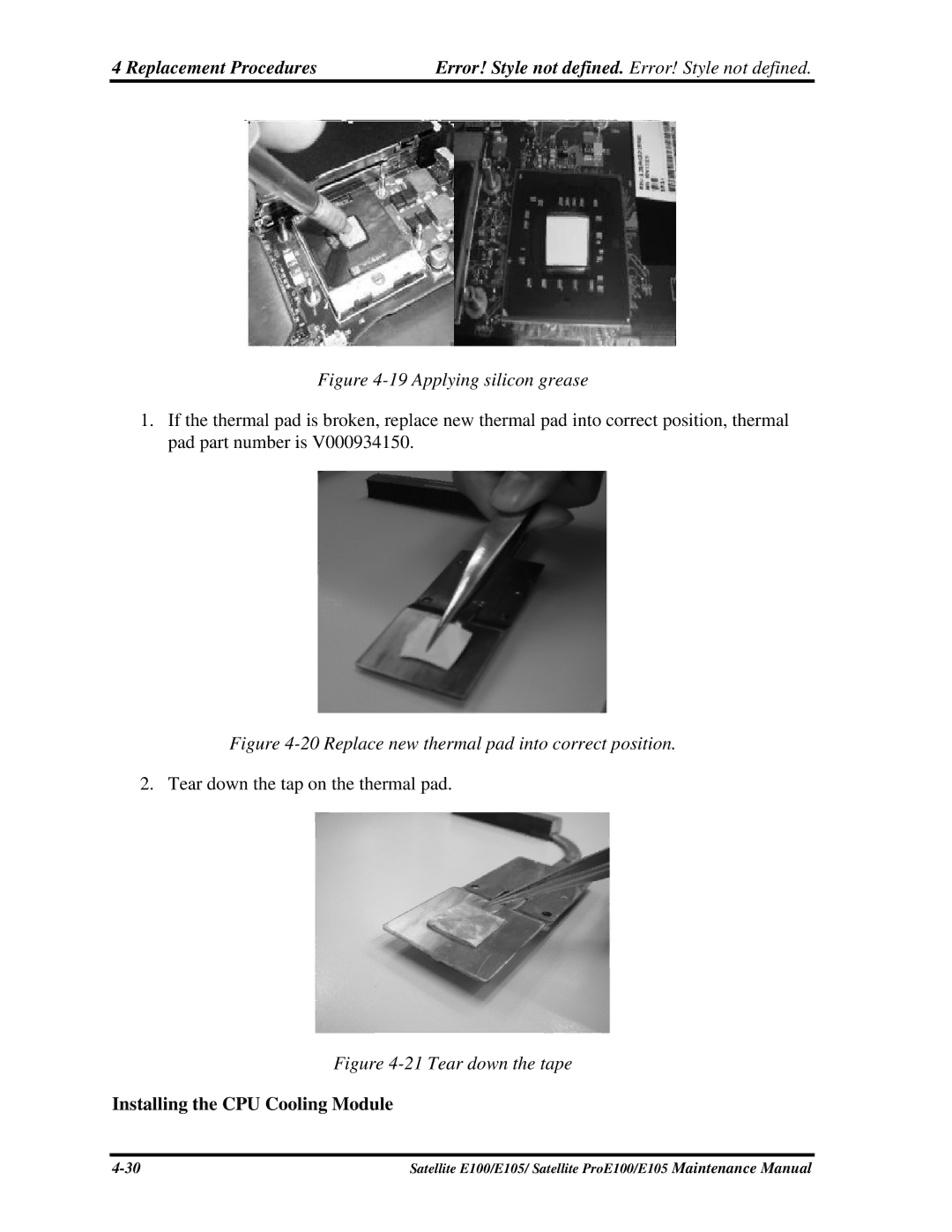 Toshiba SATELLITE E105 manual Applying silicon grease, Installing the CPU Cooling Module 