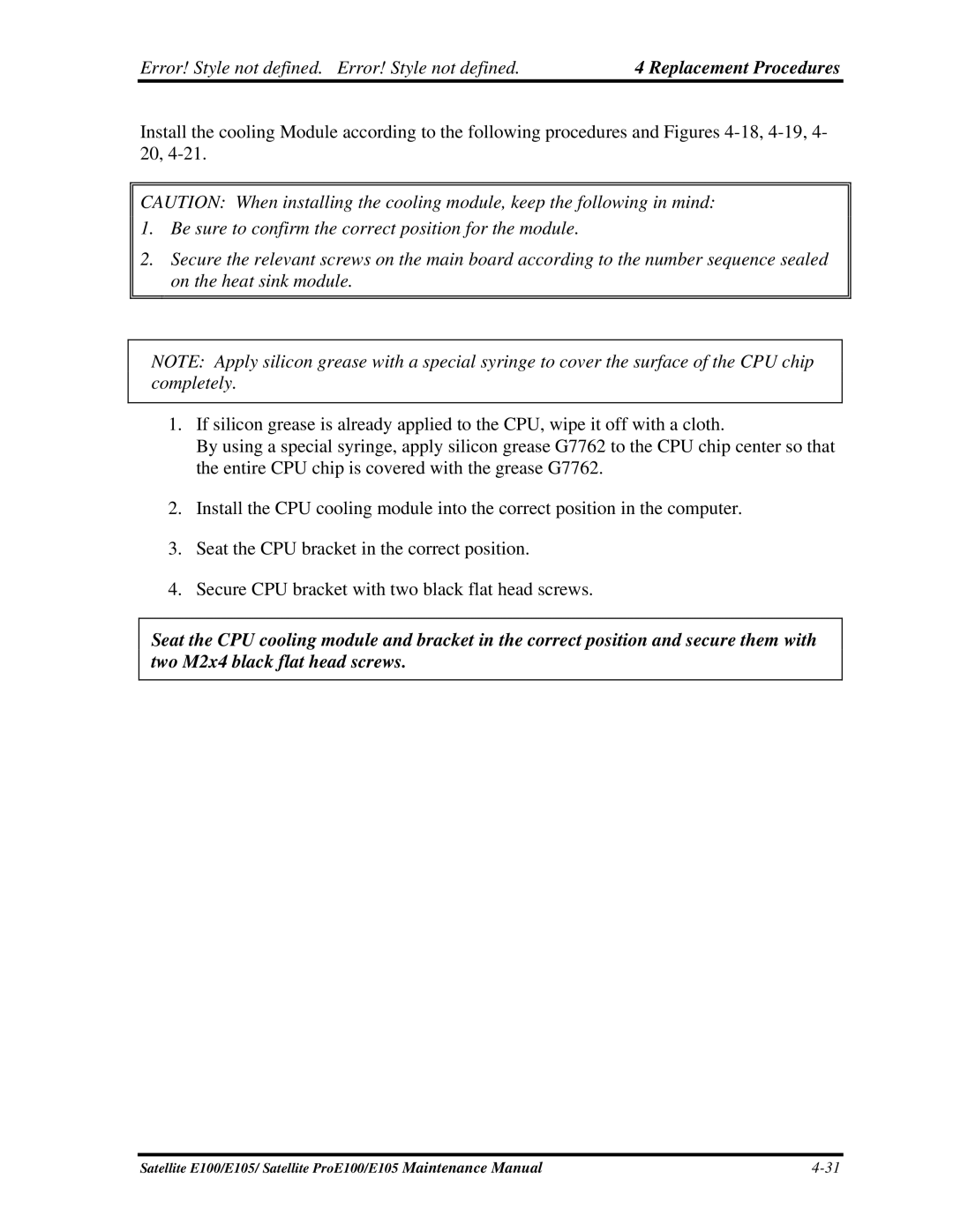 Toshiba SATELLITE E105 manual Replacement Procedures 