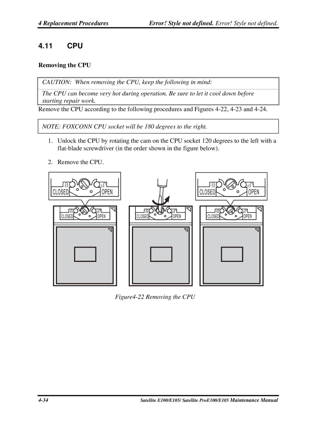 Toshiba SATELLITE E105 manual 11 CPU, Removing the CPU 