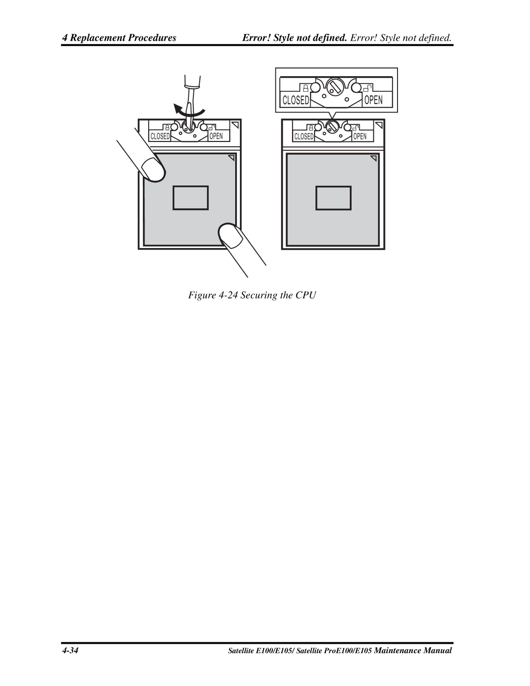 Toshiba SATELLITE E105 manual Securing the CPU 