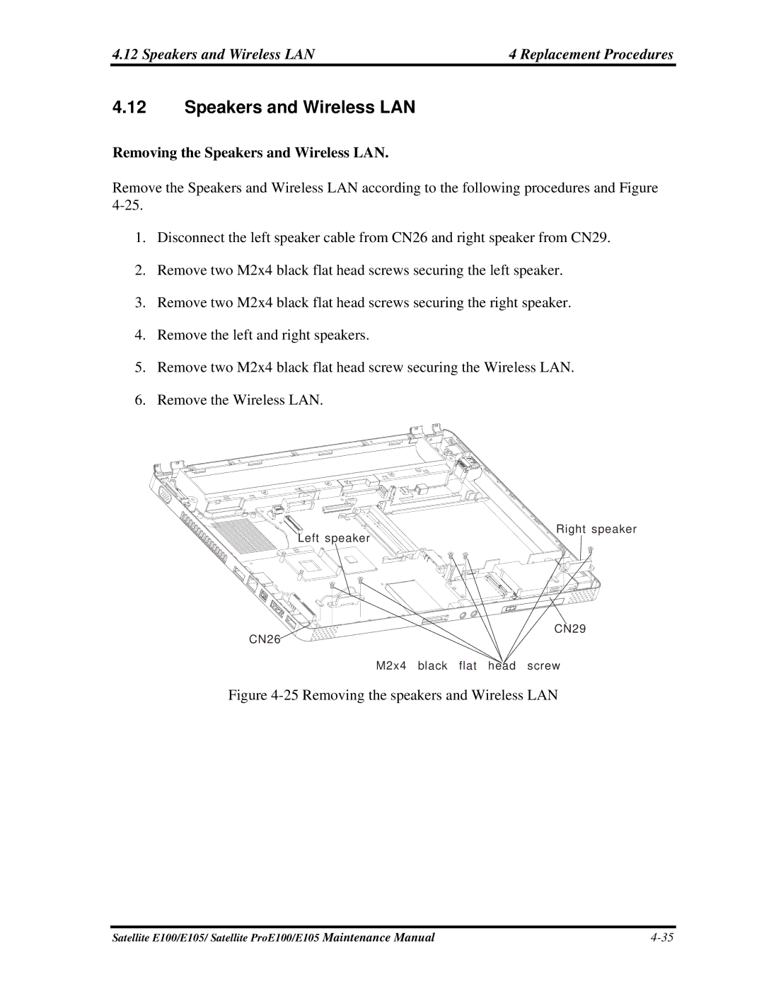 Toshiba SATELLITE E105 manual Speakers and Wireless LAN Replacement Procedures, Removing the Speakers and Wireless LAN 