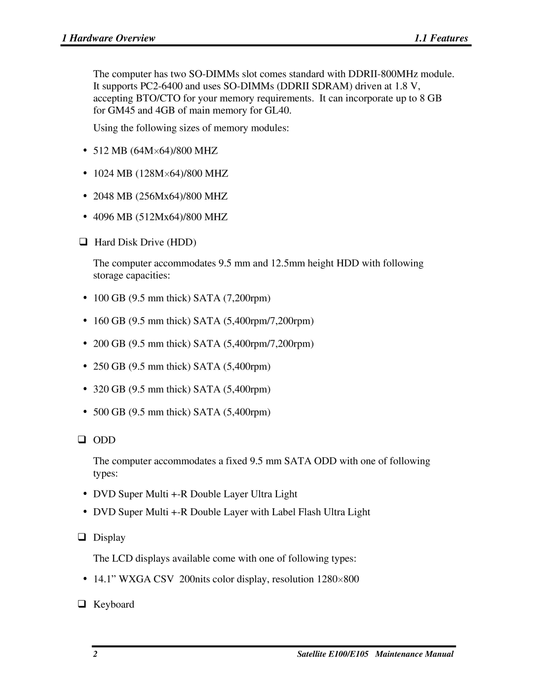 Toshiba SATELLITE E105 manual ‰ Odd 