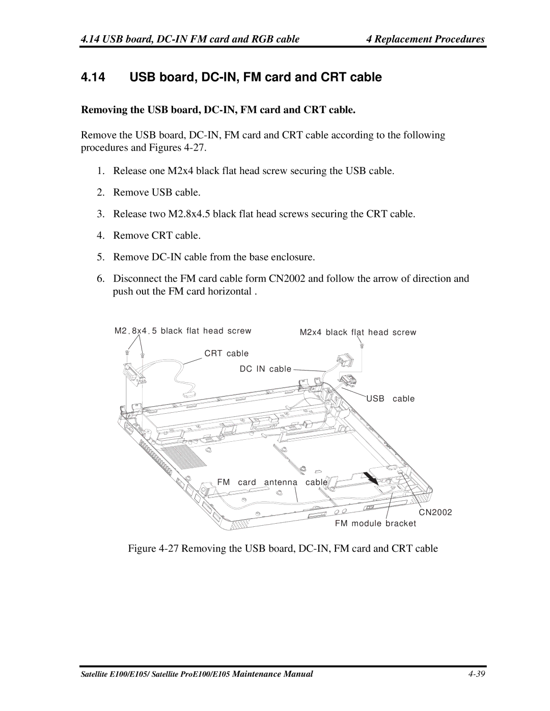 Toshiba SATELLITE E105 manual Removing the USB board, DC-IN, FM card and CRT cable 