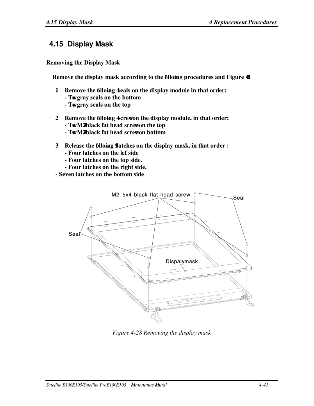 Toshiba SATELLITE E105 manual Display Mask Replacement Procedures 