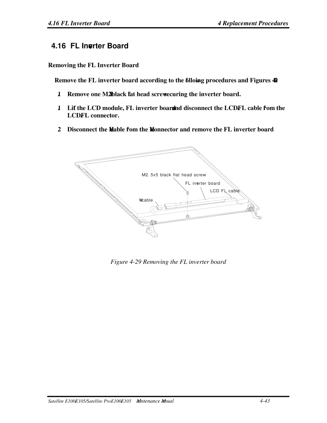 Toshiba SATELLITE E105 manual FL Inverter Board Replacement Procedures 