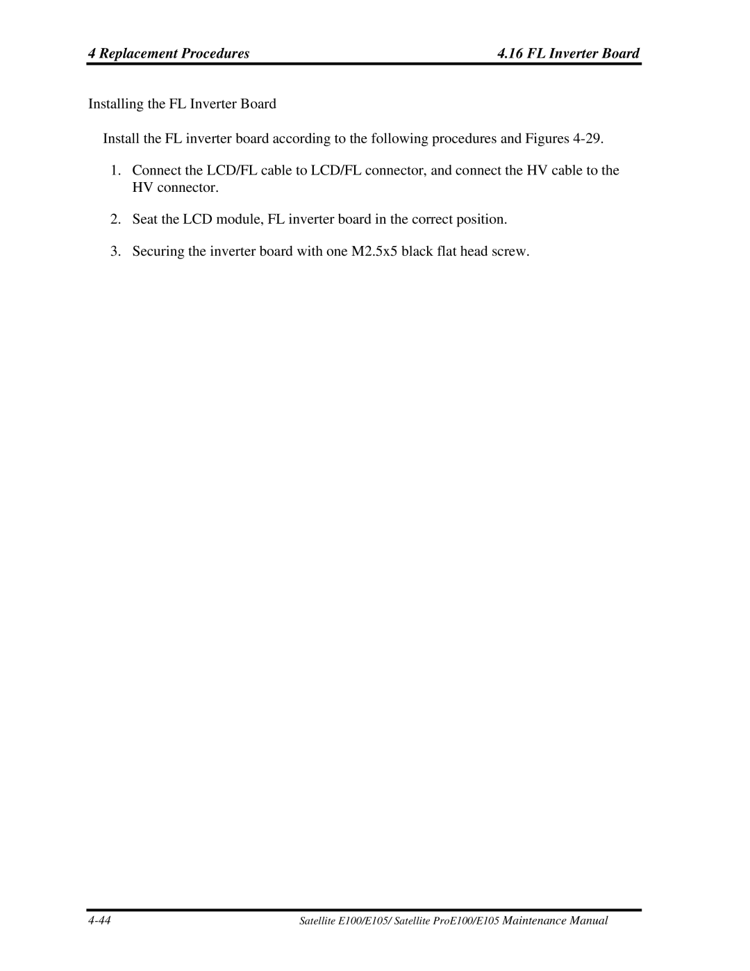Toshiba SATELLITE E105 manual Replacement Procedures FL Inverter Board 