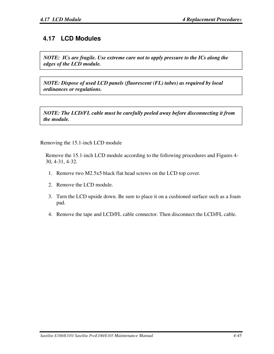 Toshiba SATELLITE E105 manual LCD Modules, LCD Module Replacement Procedures 