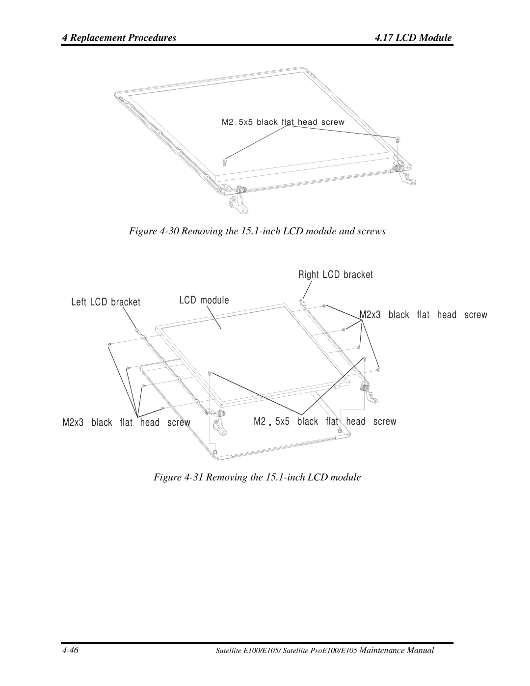 Toshiba SATELLITE E105 manual Replacement Procedures LCD Module, Removing the 15.1-inch LCD module and screws 