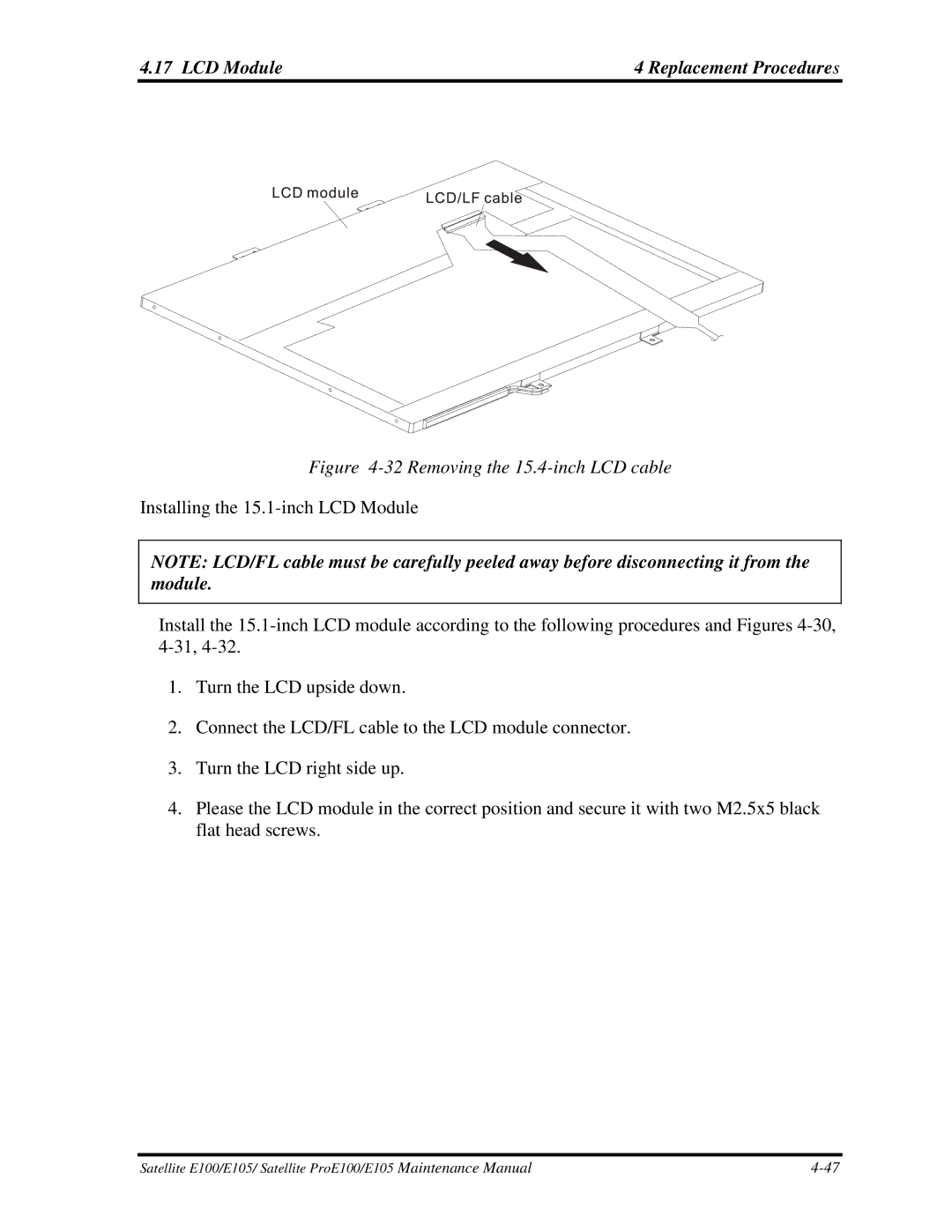 Toshiba SATELLITE E105 manual Removing the 15.4-inch LCD cable 