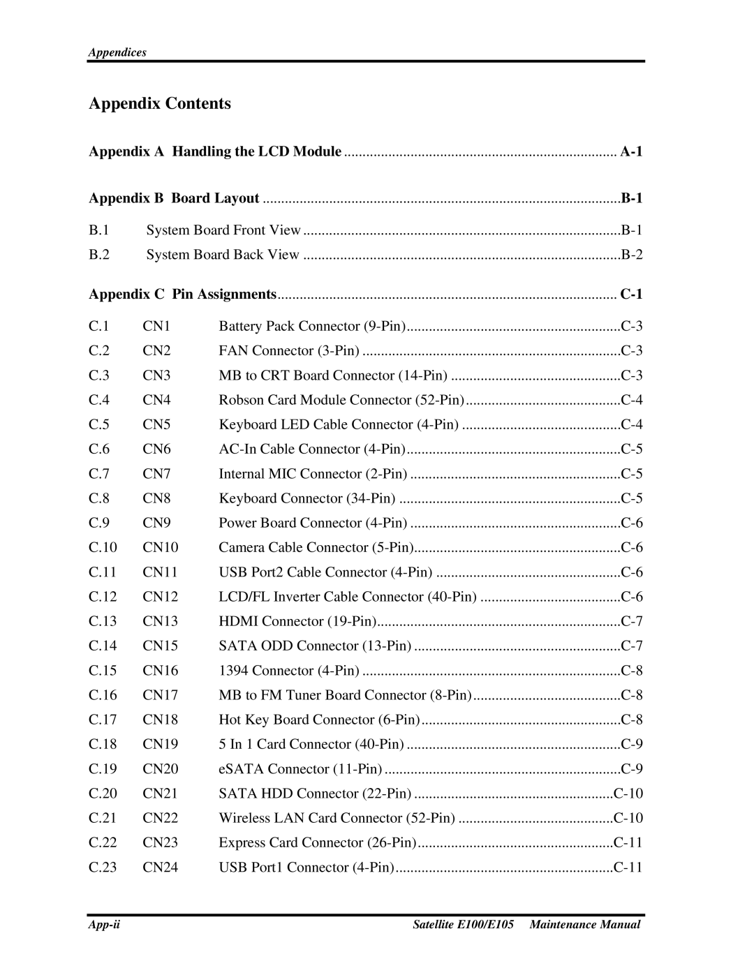 Toshiba SATELLITE E105 manual Appendix Contents 