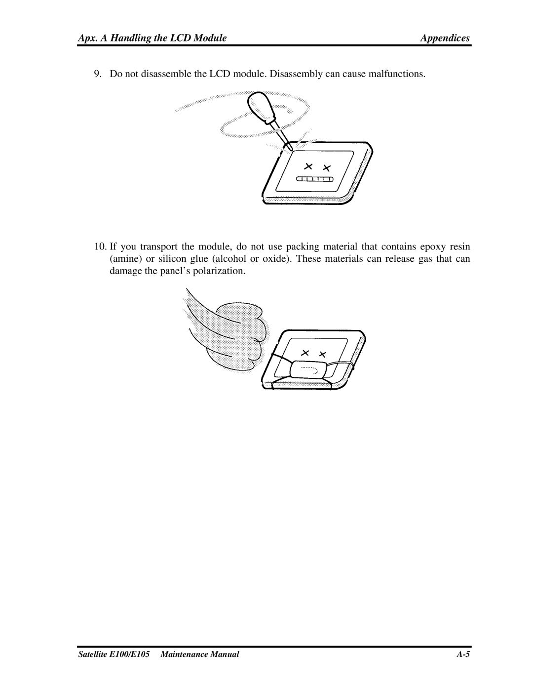 Toshiba SATELLITE E105 manual Apx. a Handling the LCD Module Appendices 