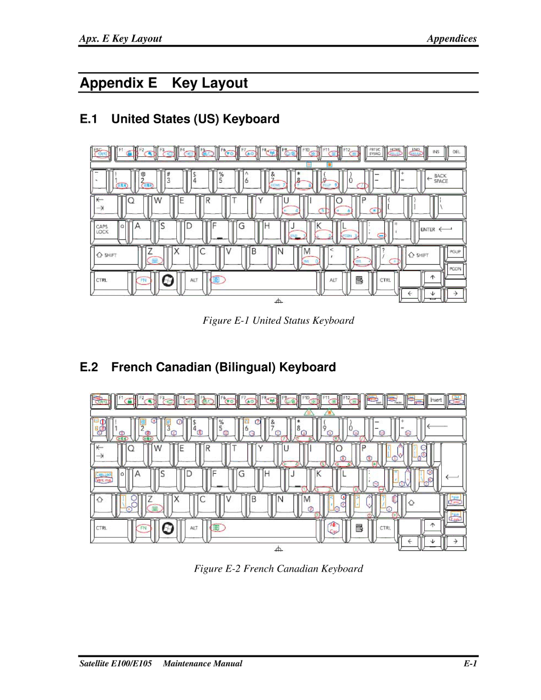 Toshiba SATELLITE E105 manual United States US Keyboard, French Canadian Bilingual Keyboard, Apx. E Key LayoutAppendices 