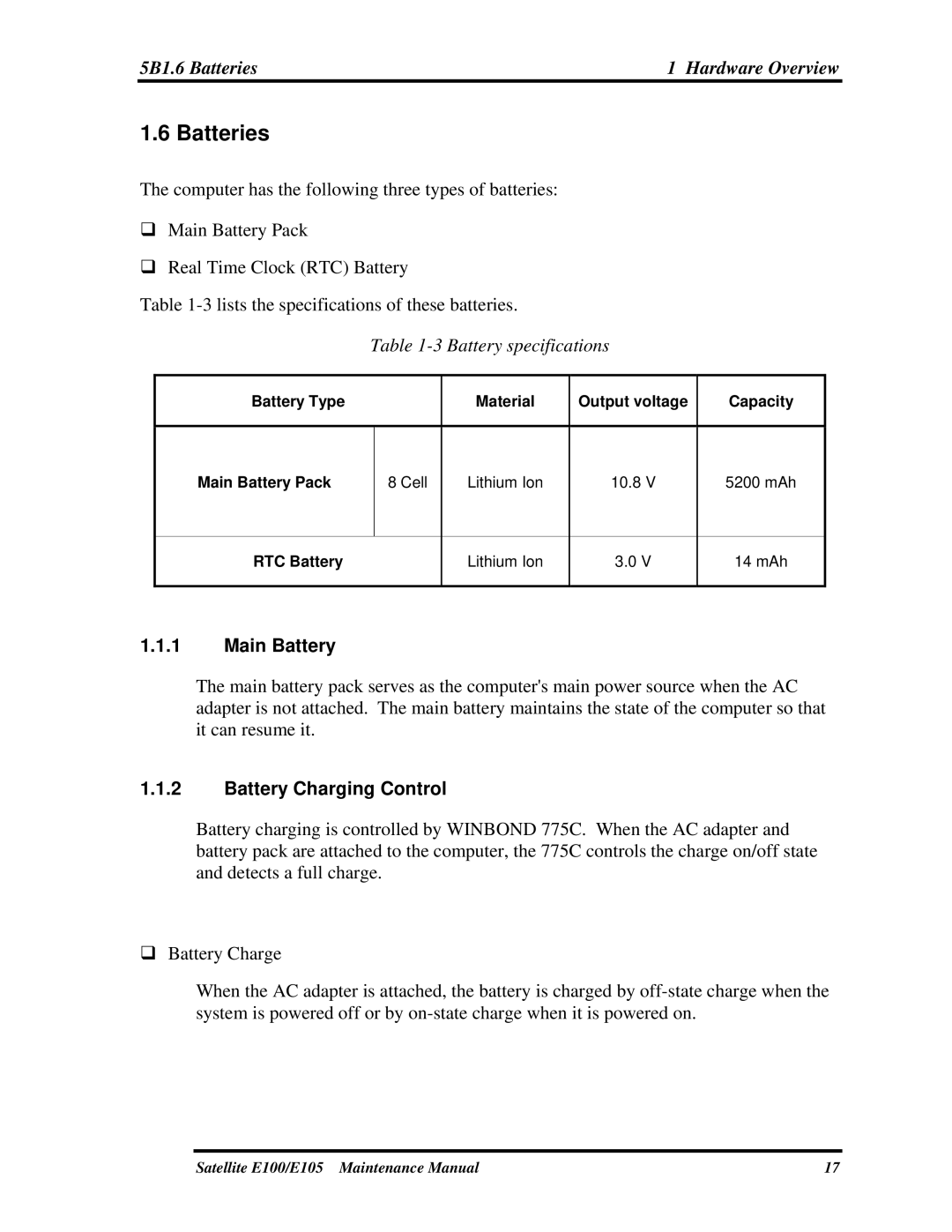 Toshiba SATELLITE E105 manual 5B1.6 Batteries Hardware Overview, Main Battery, Battery Charging Control 