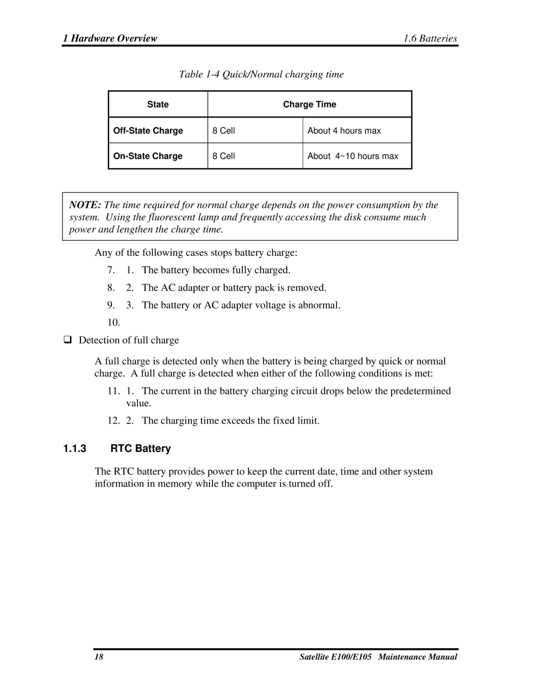 Toshiba SATELLITE E105 manual Hardware Overview Batteries, RTC Battery 