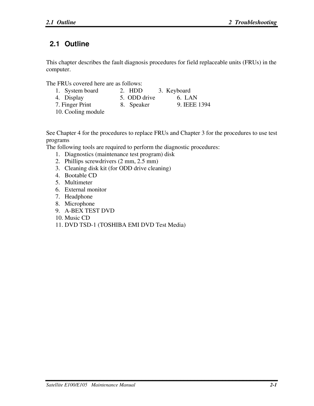 Toshiba SATELLITE E105 manual Outline Troubleshooting 