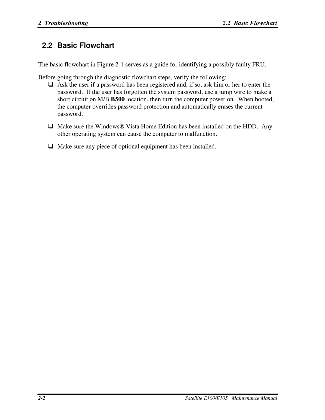 Toshiba SATELLITE E105 manual Troubleshooting Basic Flowchart 