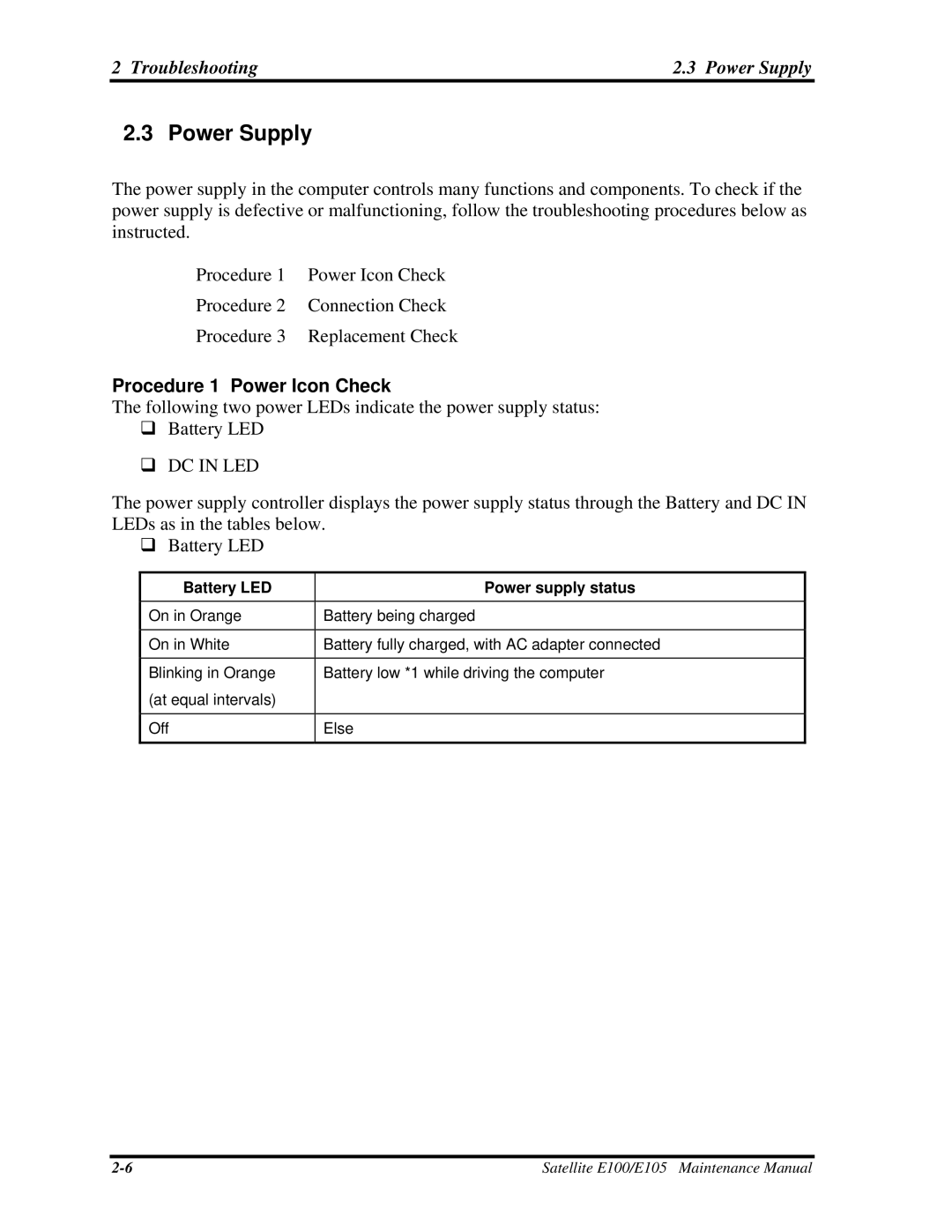 Toshiba SATELLITE E105 manual Troubleshooting Power Supply, Procedure 1 Power Icon Check 