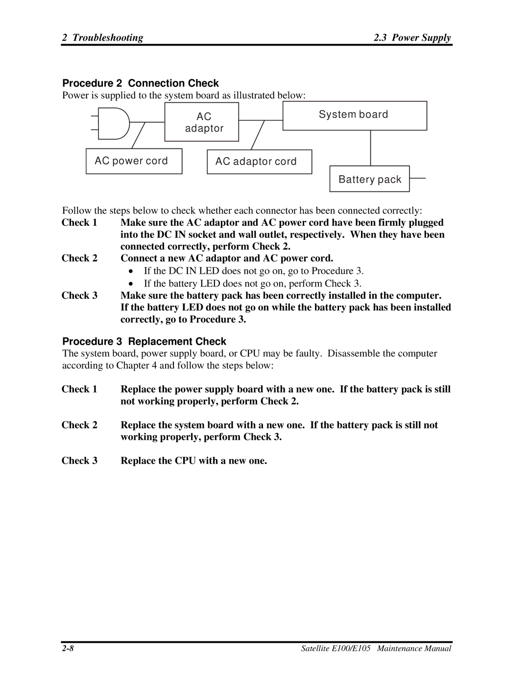 Toshiba SATELLITE E105 manual Procedure 2 Connection Check, Procedure 3 Replacement Check 