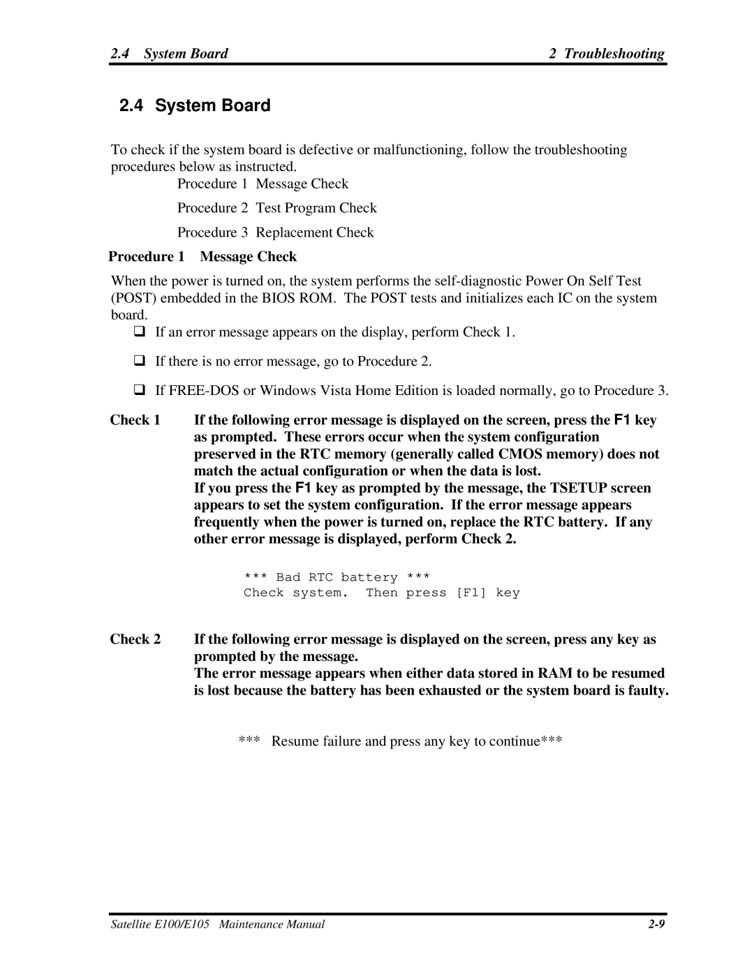 Toshiba SATELLITE E105 manual System Board Troubleshooting, Procedure 1 Message Check 