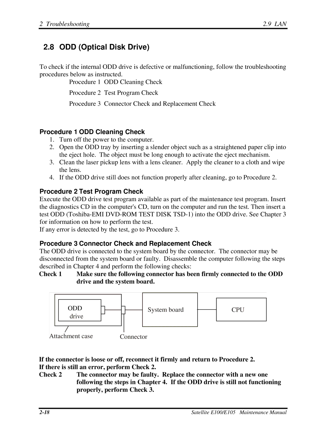 Toshiba SATELLITE E105 manual ODD Optical Disk Drive, Procedure 1 ODD Cleaning Check 