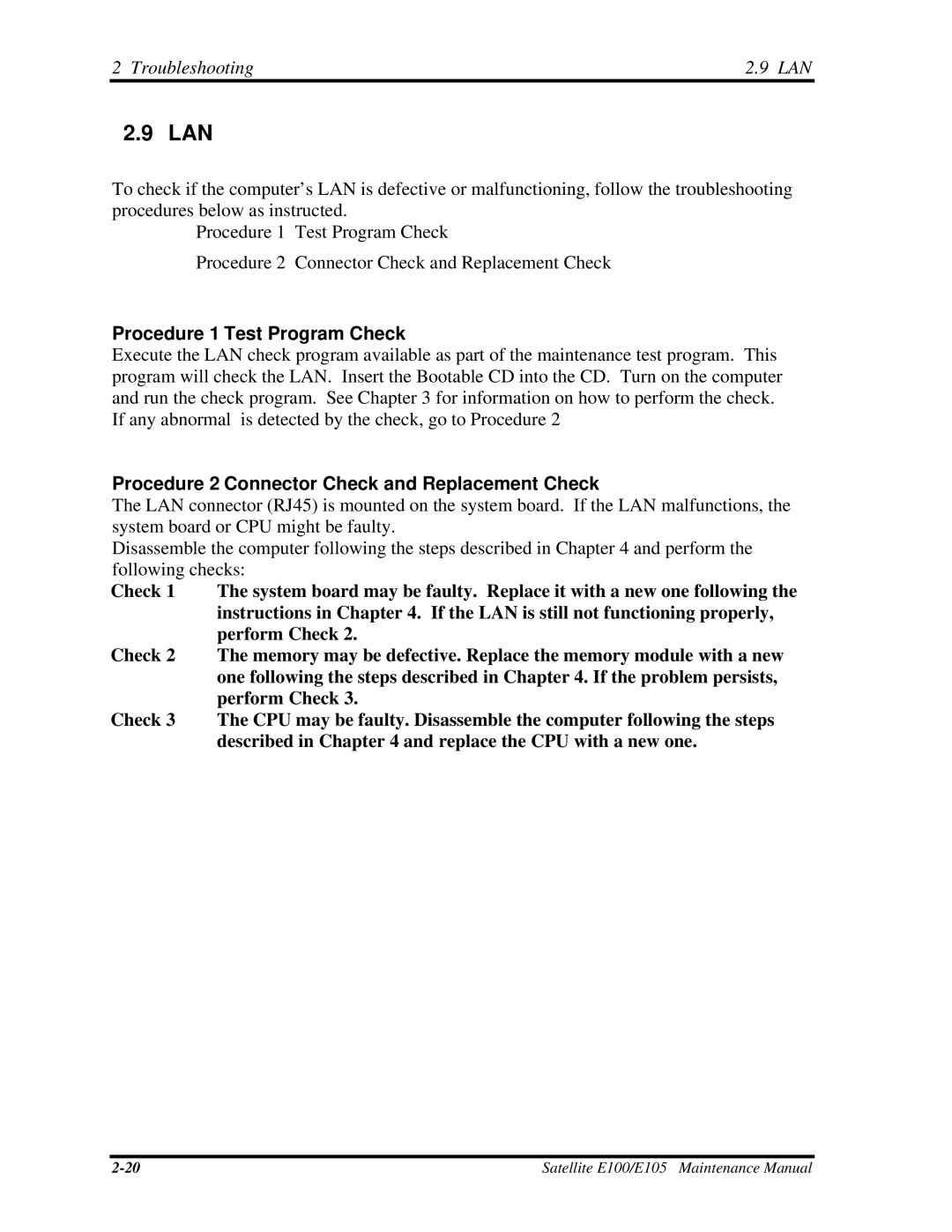 Toshiba SATELLITE E105 manual Lan, Procedure 1 Test Program Check 