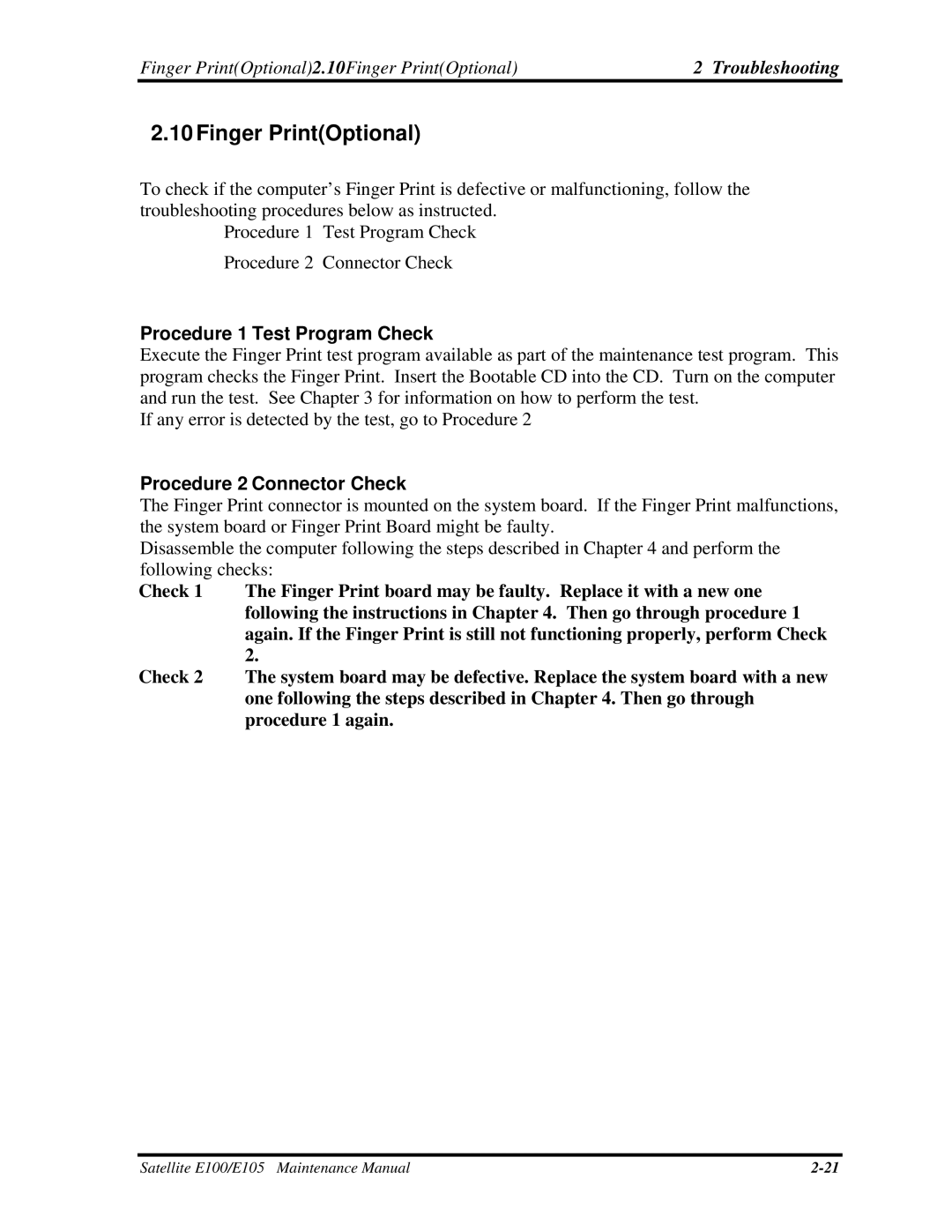 Toshiba SATELLITE E105 manual Finger PrintOptional, Procedure 2 Connector Check 