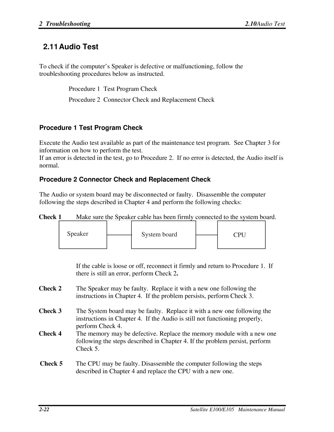 Toshiba SATELLITE E105 manual Troubleshooting 10Audio Test 