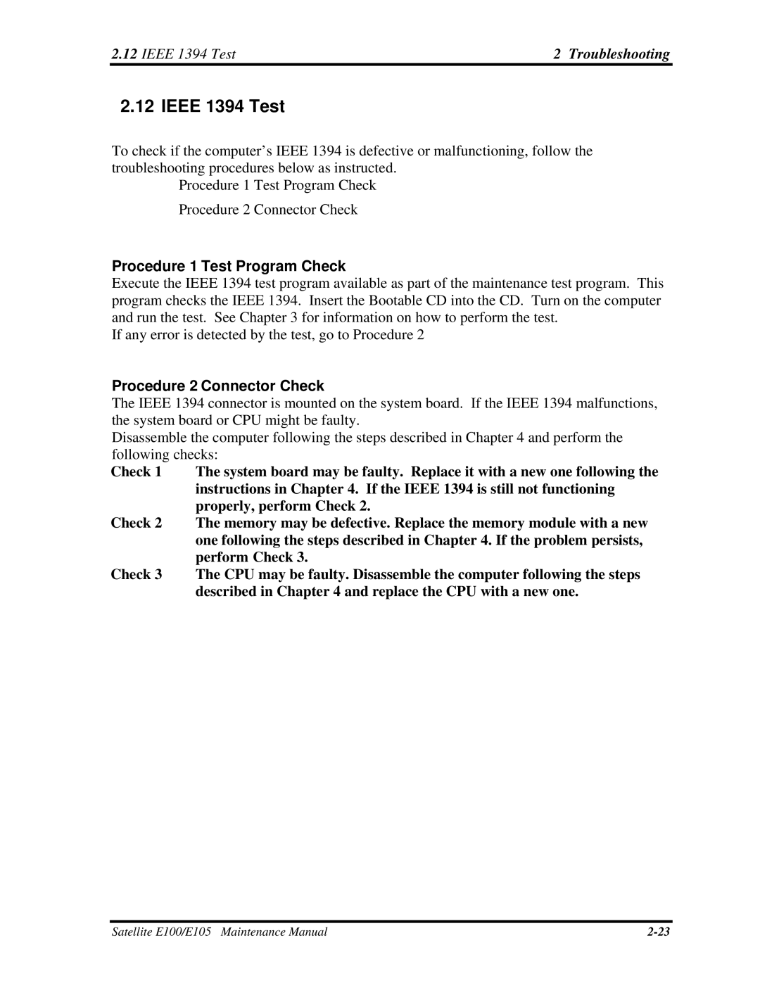 Toshiba SATELLITE E105 manual Ieee 1394 Test Troubleshooting 