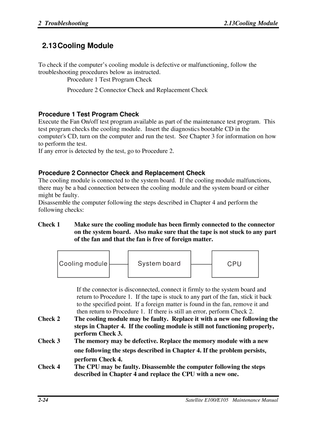 Toshiba SATELLITE E105 manual Troubleshooting 13Cooling Module 