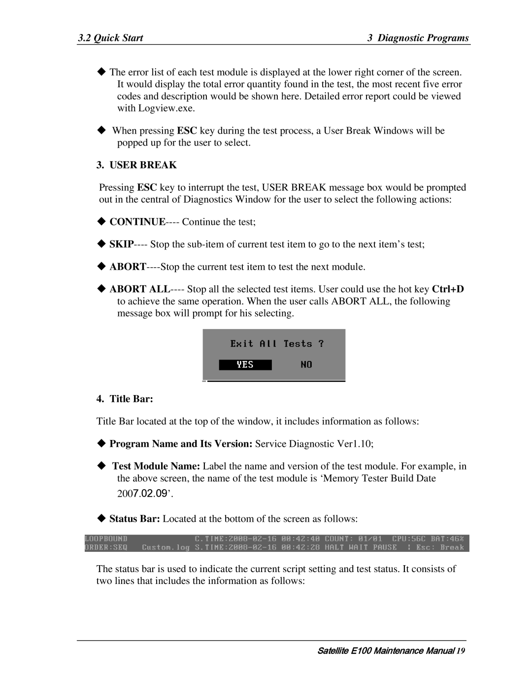 Toshiba SATELLITE E105 manual Title Bar, ‹ Program Name and Its Version Service Diagnostic Ver1.10 