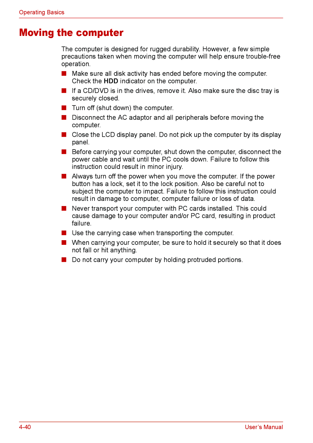 Toshiba Satellite M300/M300D/ L310/L310D Satellite Pro M300/M300D/ L310/L310D user manual Moving the computer 