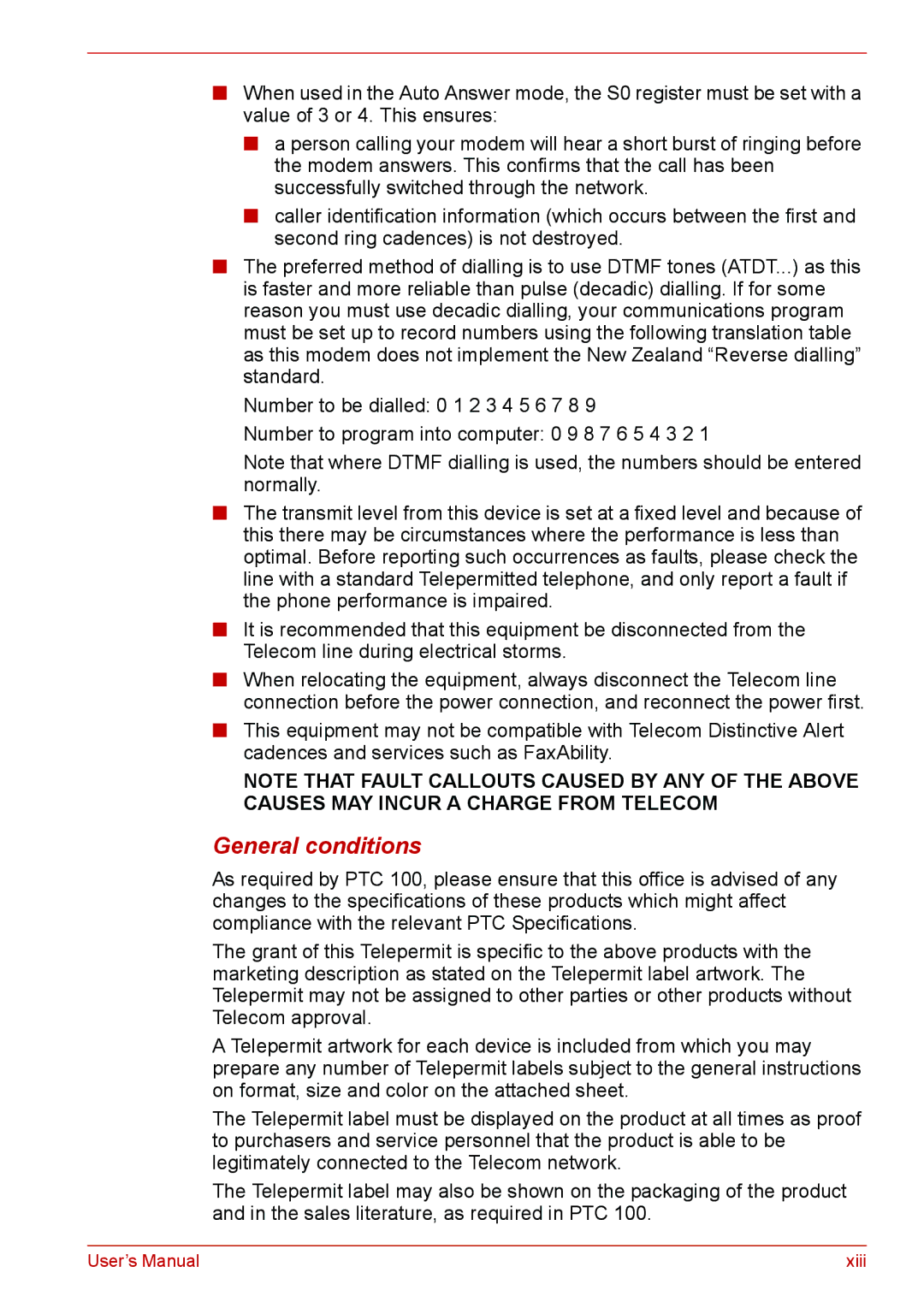 Toshiba Satellite M300/M300D/ L310/L310D Satellite Pro M300/M300D/ L310/L310D General conditions, User’s Manual Xiii 