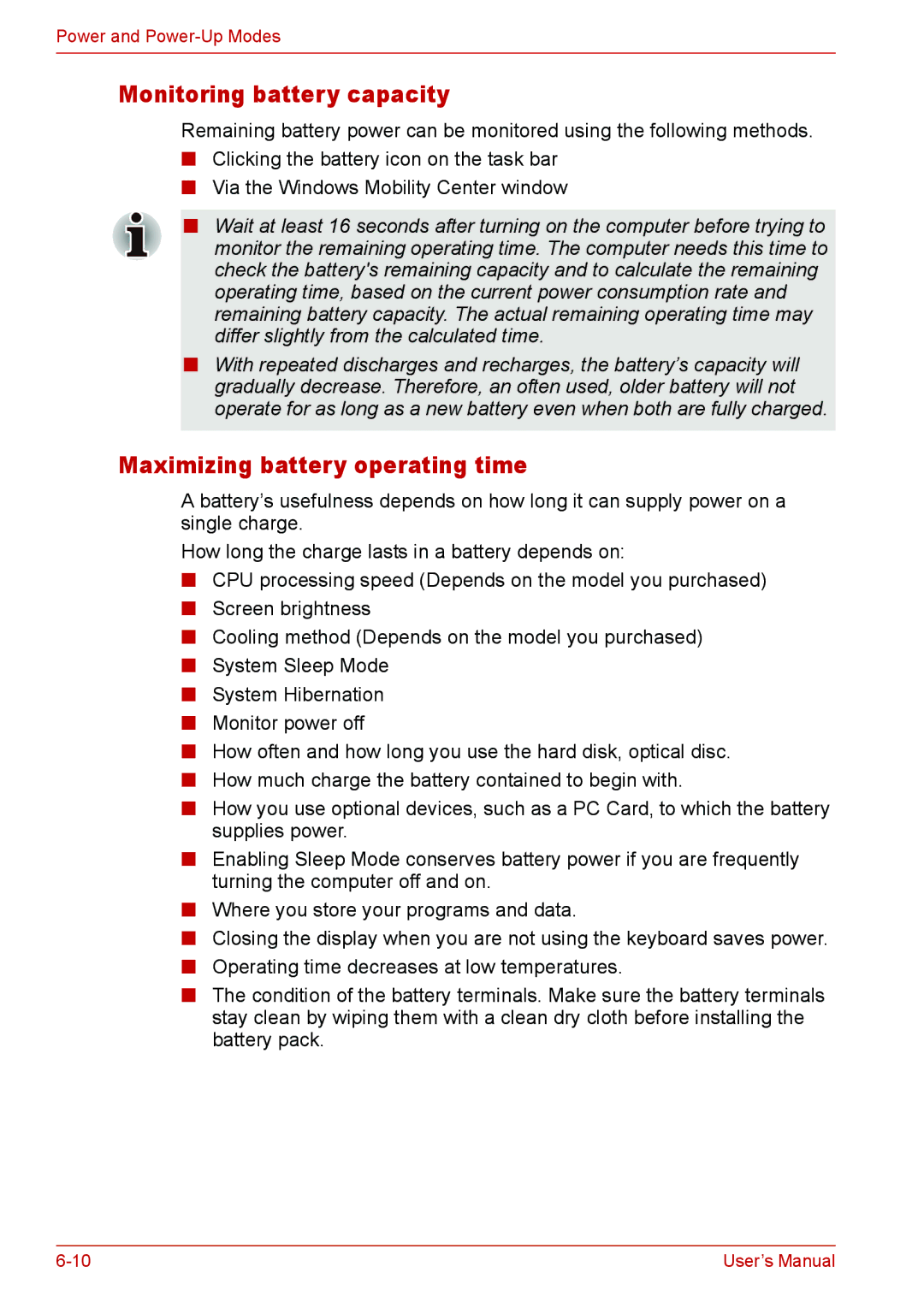 Toshiba Satellite M300/M300D/ L310/L310D Satellite Pro M300/M300D/ L310/L310D user manual Monitoring battery capacity 