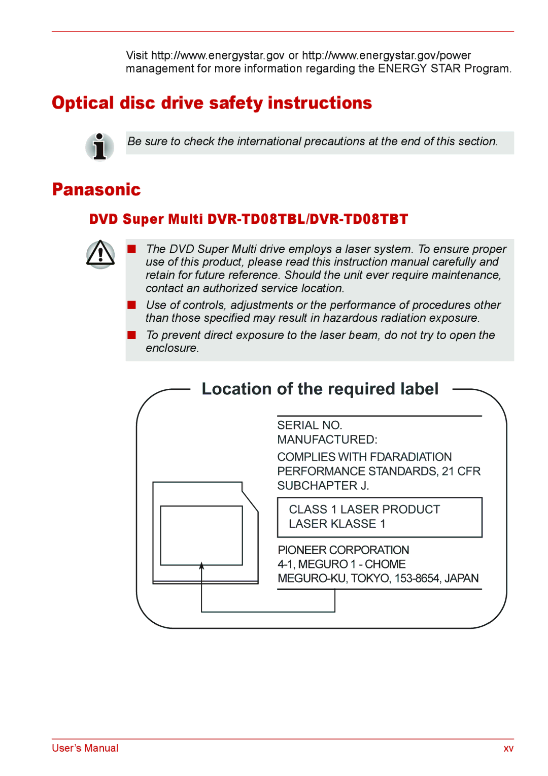 Toshiba Satellite M300/M300D/ L310/L310D Satellite Pro M300/M300D/ L310/L310D Optical disc drive safety instructions 