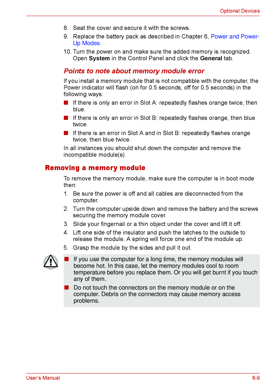 Toshiba Satellite M300/M300D/ L310/L310D Satellite Pro M300/M300D/ L310/L310D user manual Removing a memory module 