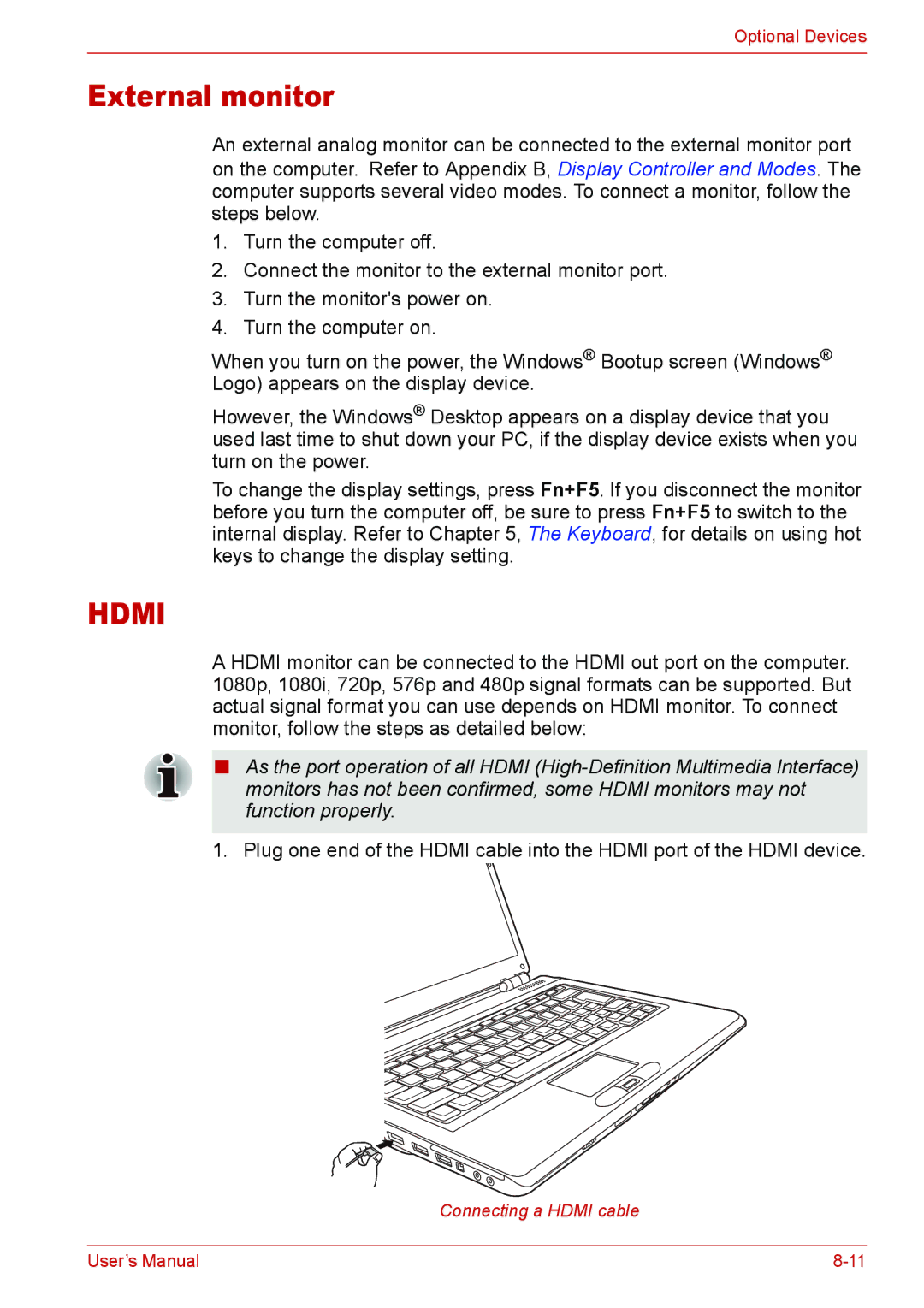 Toshiba Satellite M300/M300D/ L310/L310D Satellite Pro M300/M300D/ L310/L310D user manual External monitor, Hdmi 