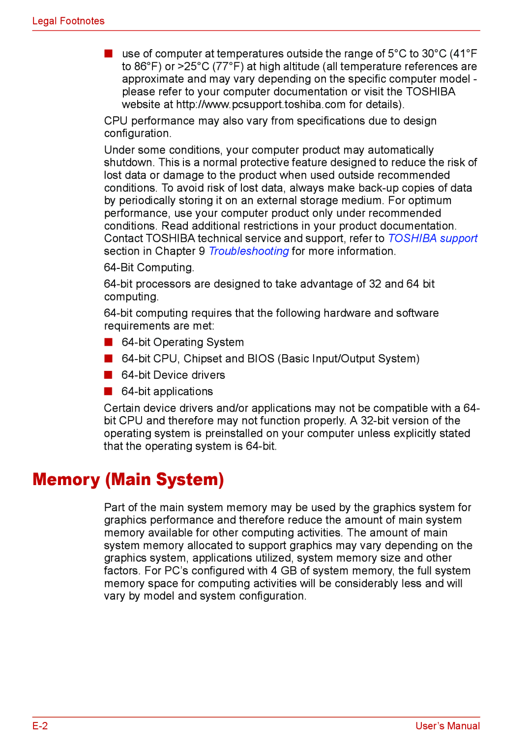 Toshiba Satellite M300/M300D/ L310/L310D Satellite Pro M300/M300D/ L310/L310D user manual Memory Main System 